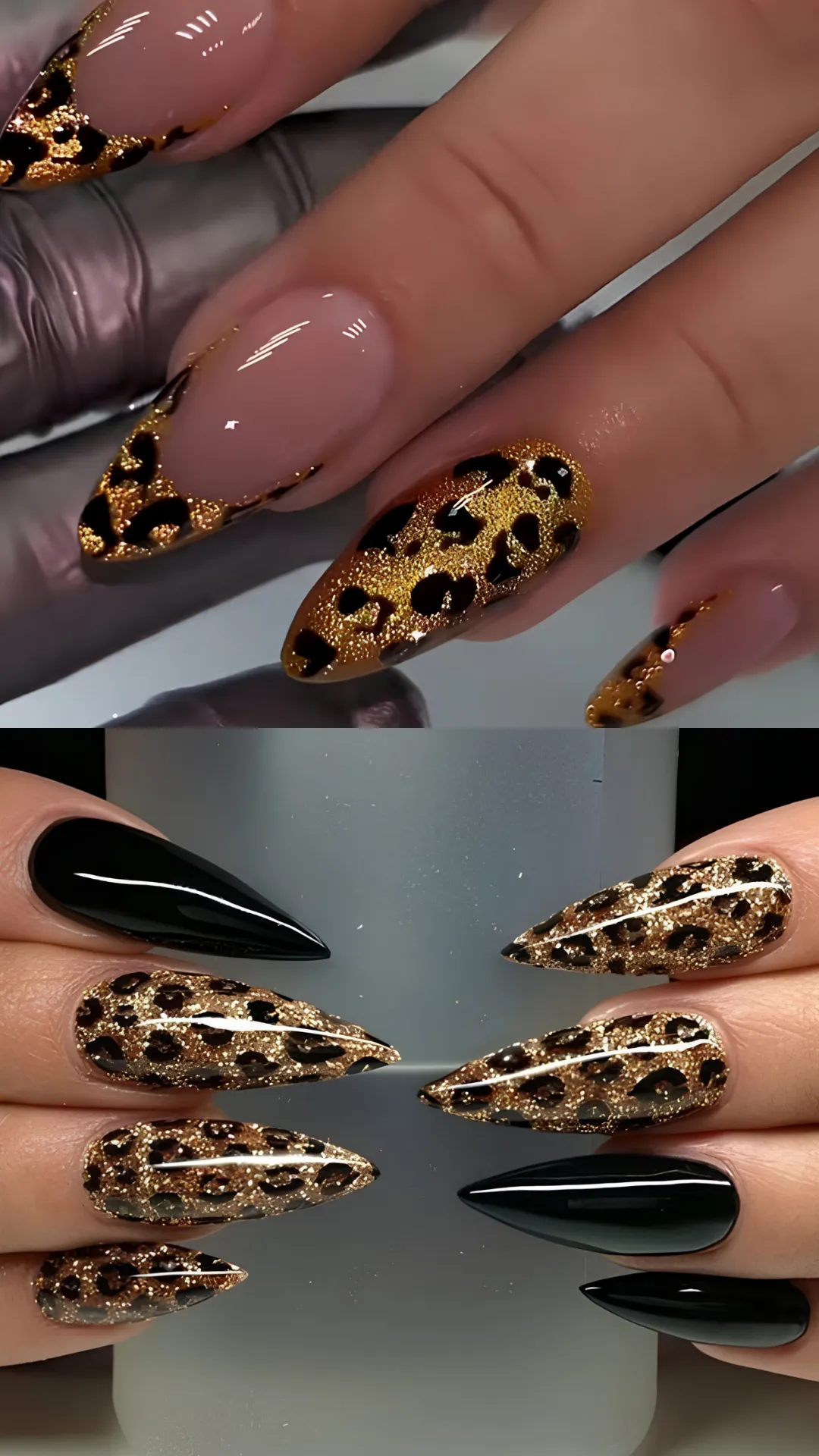 A split-screen photo showcasing fierce leopard print stiletto manicures. The upper photo shows long, pointed stiletto nails with a glossy nude base, featuring sparkling gold glitter French tips decorated with black leopard spots. The lower photo depicts two hands facing each other with extra-long stiletto nails alternating between solid high-gloss black and full-coverage glittering gold leopard print.